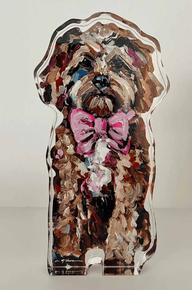 Red Cavapoo Pink Bow Acrylic Block