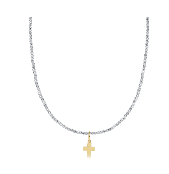 15" Bright Silver Faceted Hematite 2mm Signature Cross Gold Charm Choker