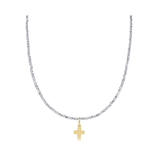 15" Bright Silver Faceted Hematite 2mm Signature Cross Gold Charm Choker