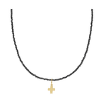 15" Faceted Hematite 2mm Signature Cross Gold Charm Choker
