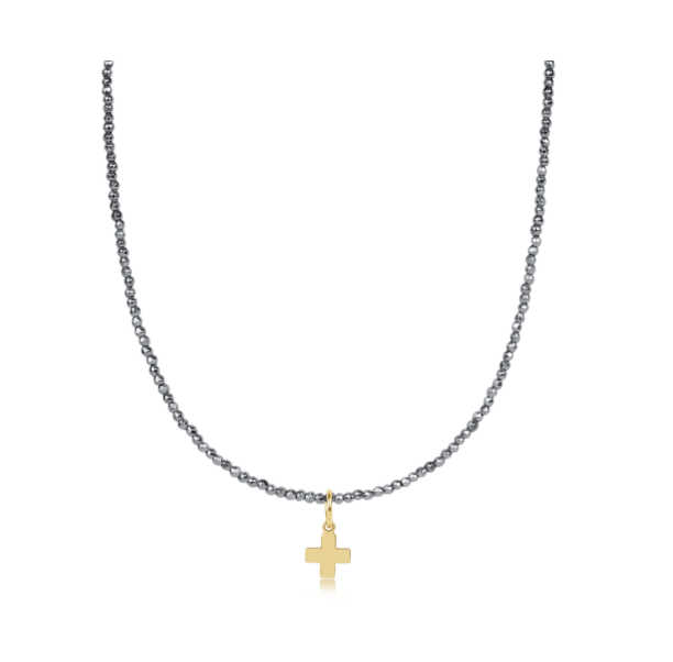 15" Silver Faceted Hematite 2mm Signature Cross Gold Charm Choker