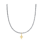 15" Silver Faceted Hematite 2mm Signature Cross Gold Charm Choker