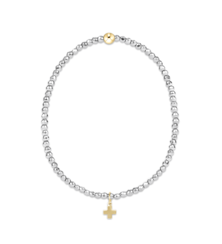 Silver Faceted Hematite 2mm Signature Gold Cross Charm Bracelet