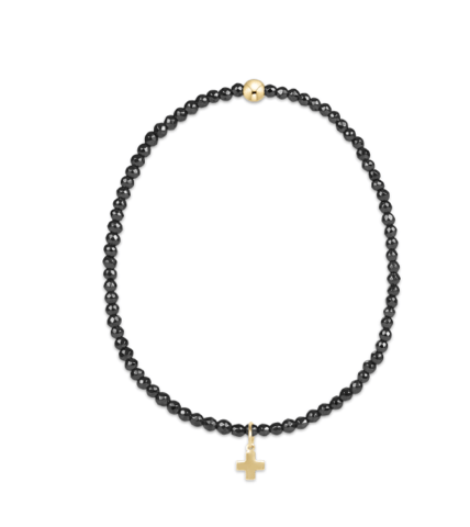 Extends Faceted Hematite 2mm Signature Gold Cross Charm Bracelet