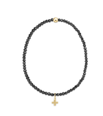 Extends Faceted Hematite 2mm Signature Gold Cross Charm Bracelet