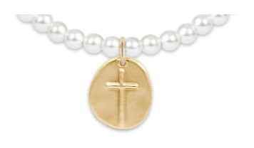 Extends Inspire Cross Gold Charm Classic Pearl 4mm Bead Bracelet