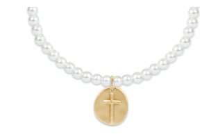 Extends Inspire Cross Small Gold Charm Classic Pearl 3mm Bead Bracelet
