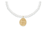 Extends Inspire Cross Small Gold Charm Classic Pearl 3mm Bead Bracelet