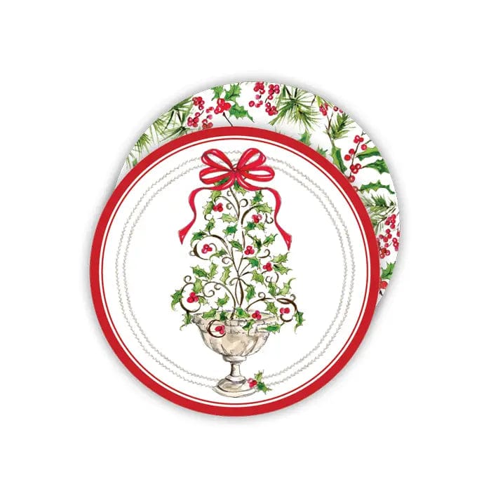 Rosanne Beck Holly Topiary Red Bow Round Coasters