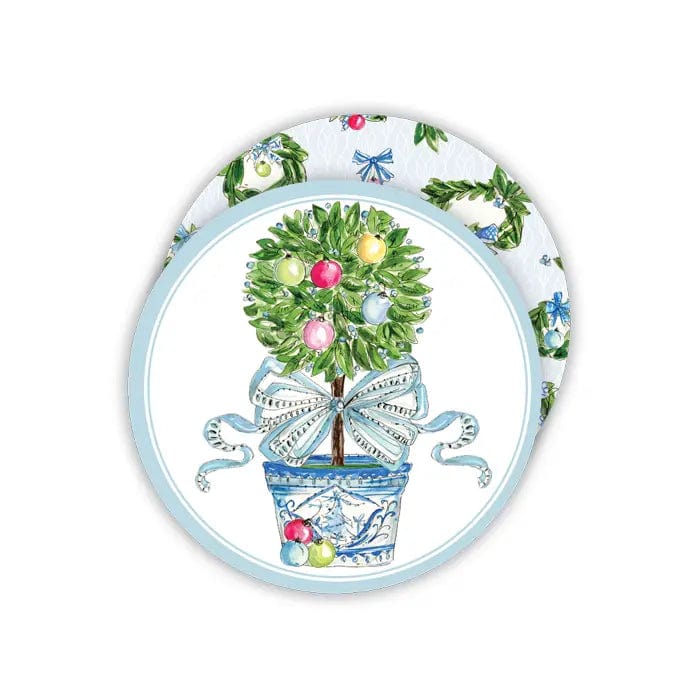 Ornament Topiary Blue Bow Round Coasters