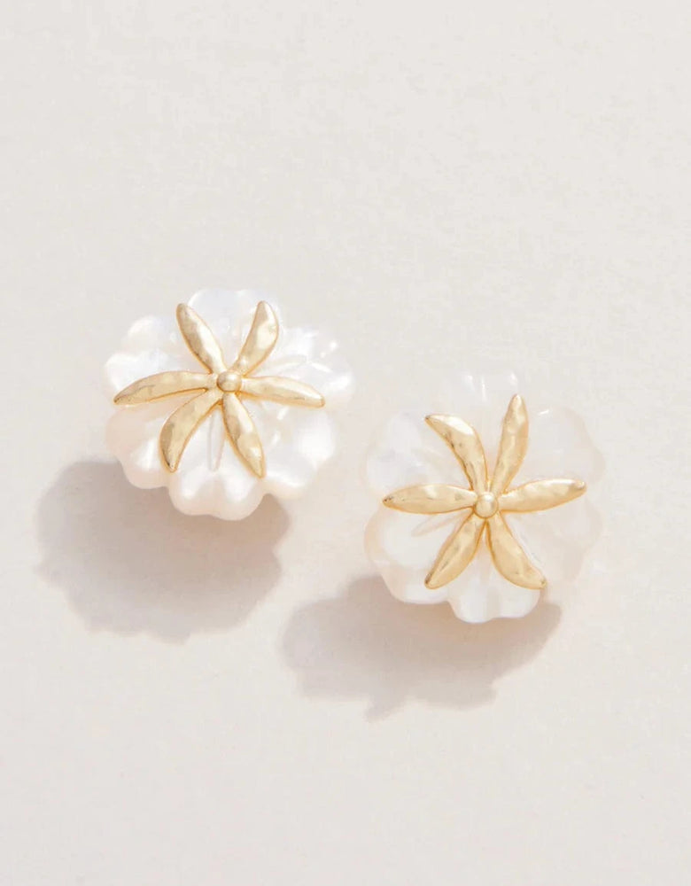 Mother of Pearl Carved Flower Stud Earrings