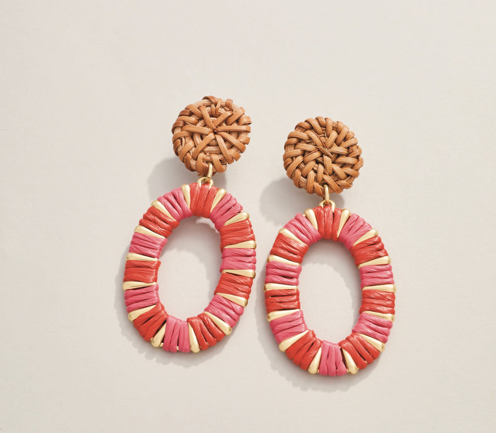 Red Straw Oval Earrings